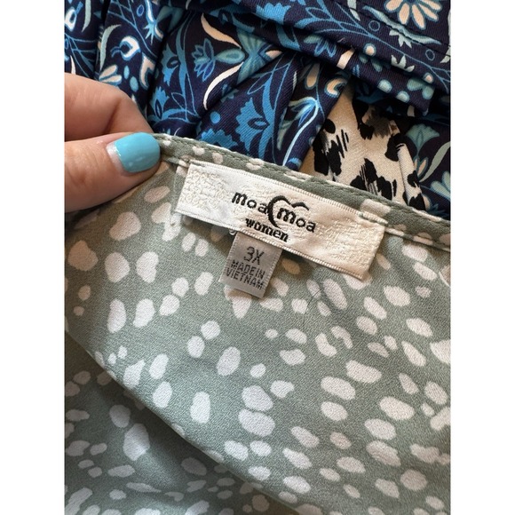 Moa Moa 3X Green White Animal Print Artsy‎ Boho Blouse Flutter Sleeve Tie Front - Picture 6 of 9